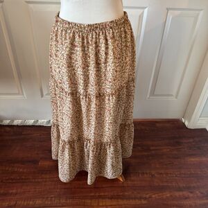 Tiered Womens Floral Skirt Large Cottagecore Fairy Lined Elastic Waist Brown